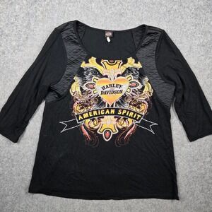 Harley Davidson Graphic Top Womens XL Black Rhinestone Quilted Y2K Grunge Flames